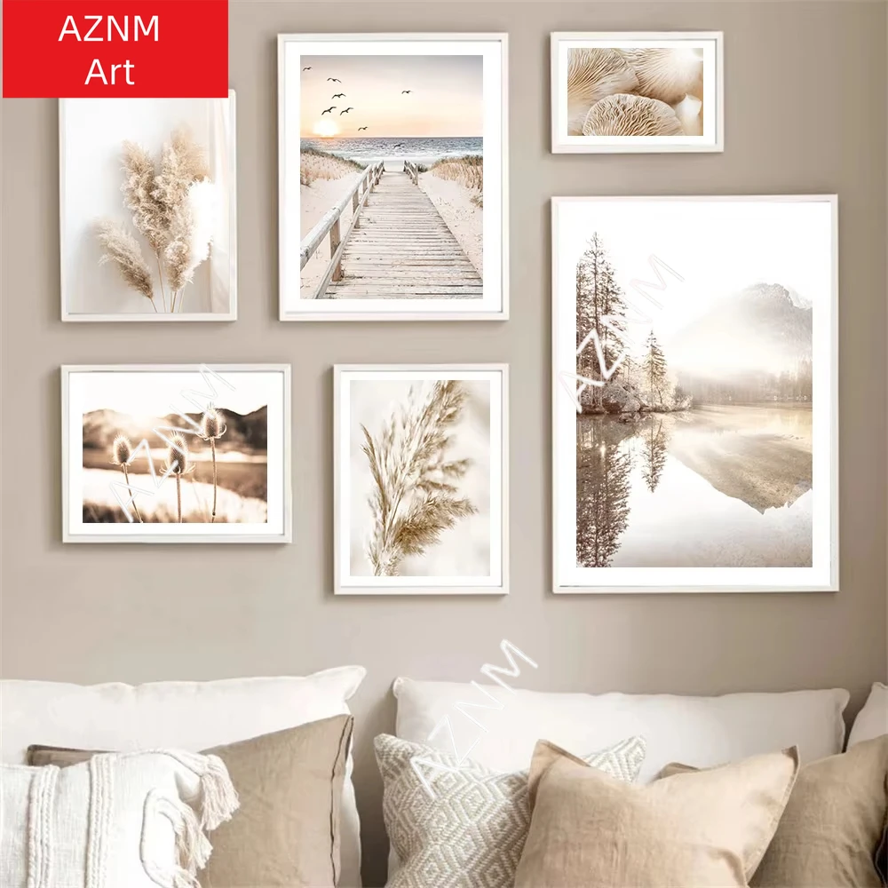 1PC Beige Grass Flower Reed Posters Lake Beach Boat Landscape Pictures Bohemia Canvas Painting Wall Art Print Living Home Decor