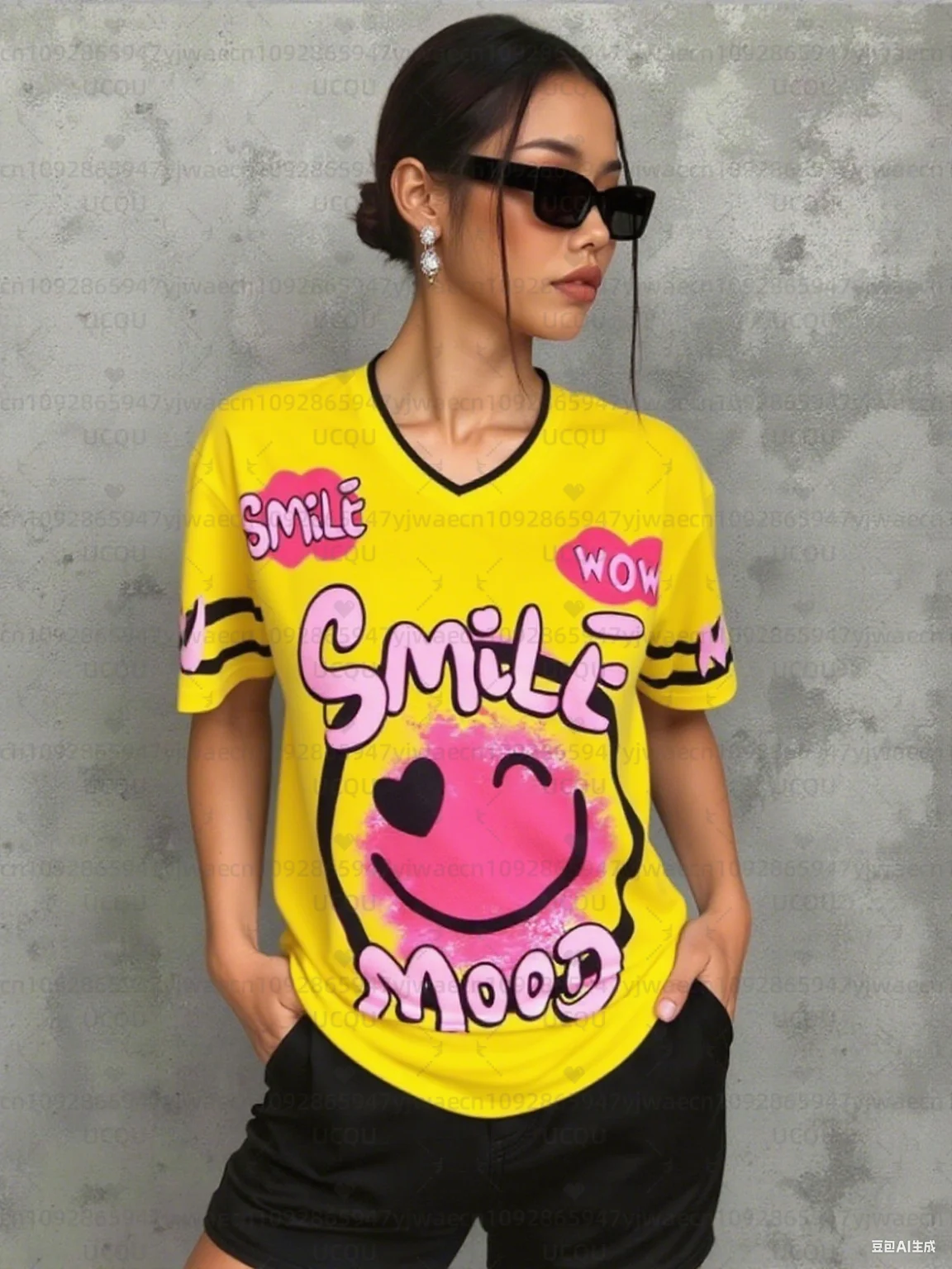 여성용 만화 패턴 프린트 V넥 반팔 티셔츠 여름 그래픽 티셔츠 야구 저지 플러스 사이즈 스포츠 티셔츠