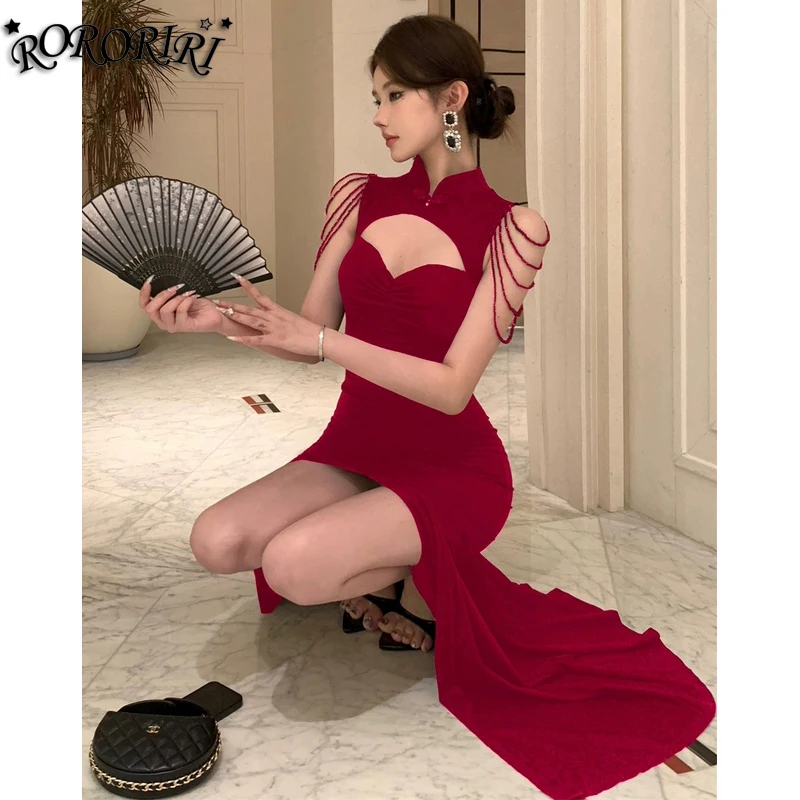 RORIRI เซ็กซี่ตัดพู่ Neo-จีน Cheongsam ผู้หญิง STAND COLLAR จีบ Bodycon แยก Mermaid ชุดยาว Retro PARTY ชุด