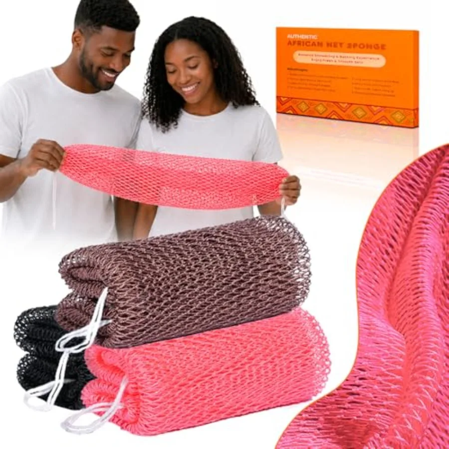 African Net Sponge Authentic, 3 Pcs Real African Exfoliating Net Sponge with Knots for Daily Shower Stretch Back Scrubber for W