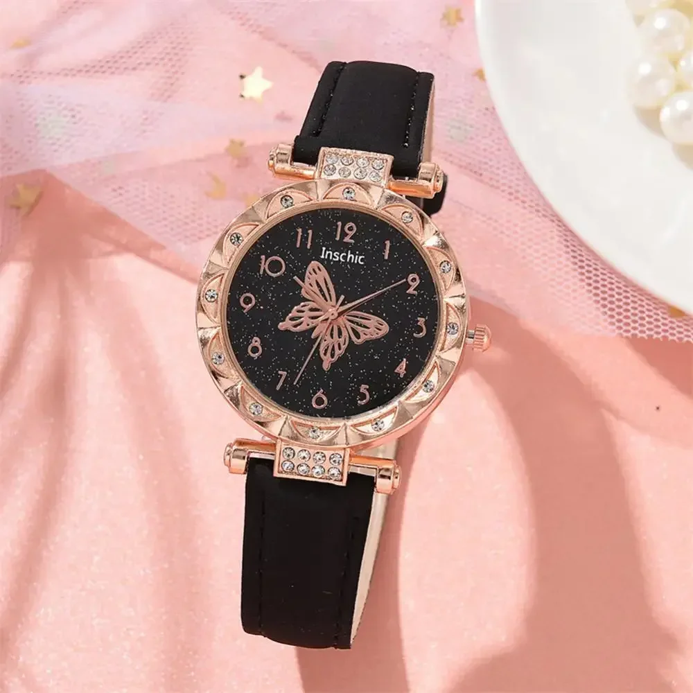 Women Fashion Watch 2 PCS Set Quartz Wristwatch Luxury Crystal Rhinestone Pearl Quartz Watches Butterfly Watches Bracelet Set