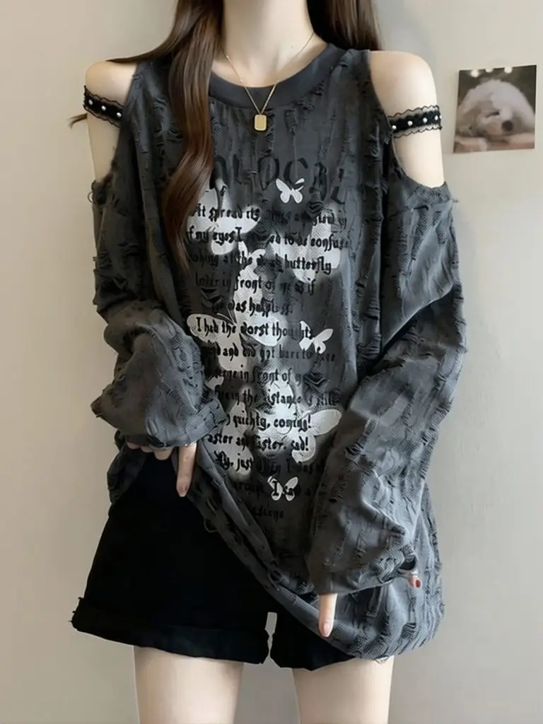 Y2k Ripped Hole Off Shoulder Oversize T Shirt Women Vintage Butterfly Print Loose T Shirt Casual Long Sleeve  Basic Tees Top