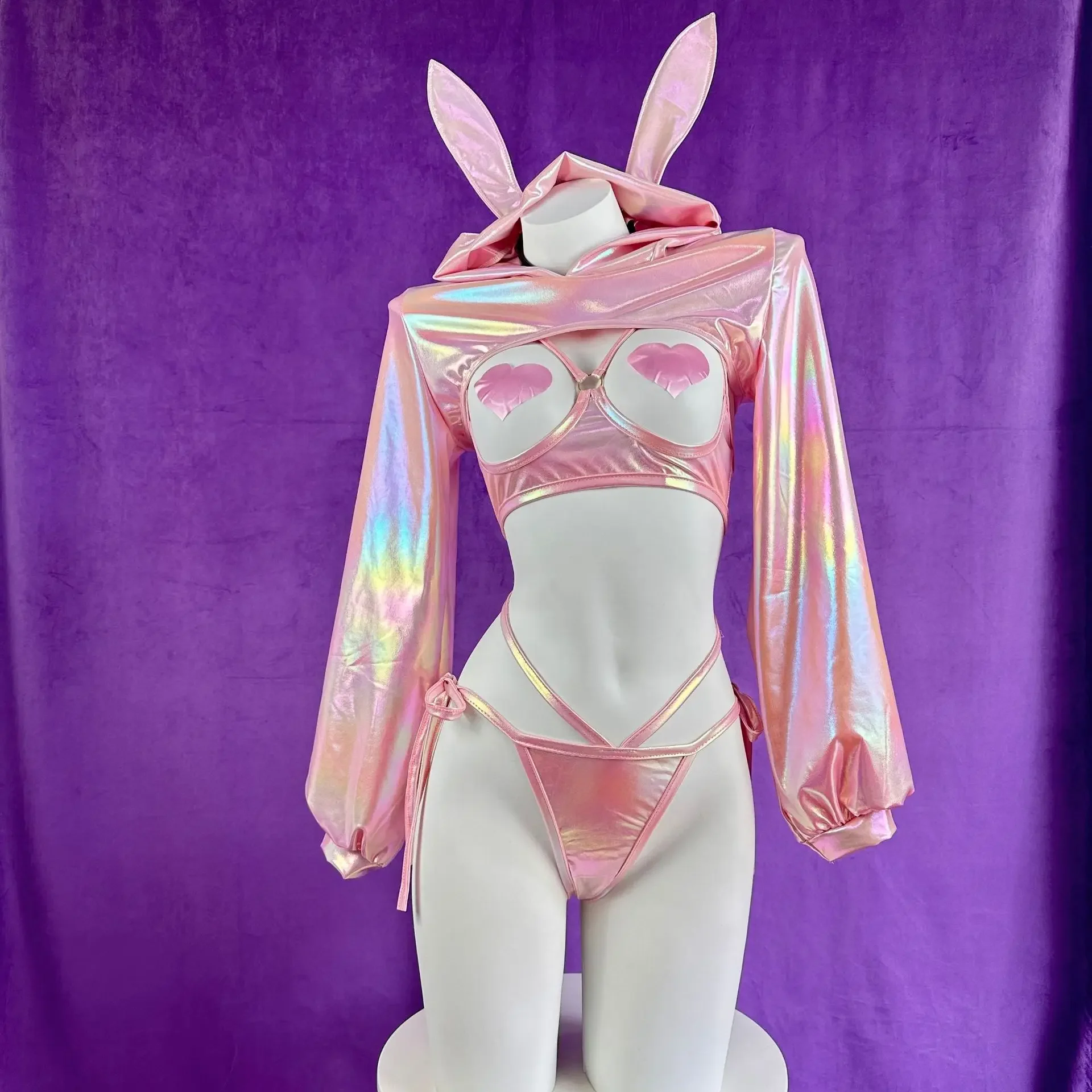 Adult Underwear Costume Pink Bunny Lingerie Set Women Hoodie Heart Cut Out Bra Thong 3Pcs Cosplay Outfit Sexy Club Party Costume view 4