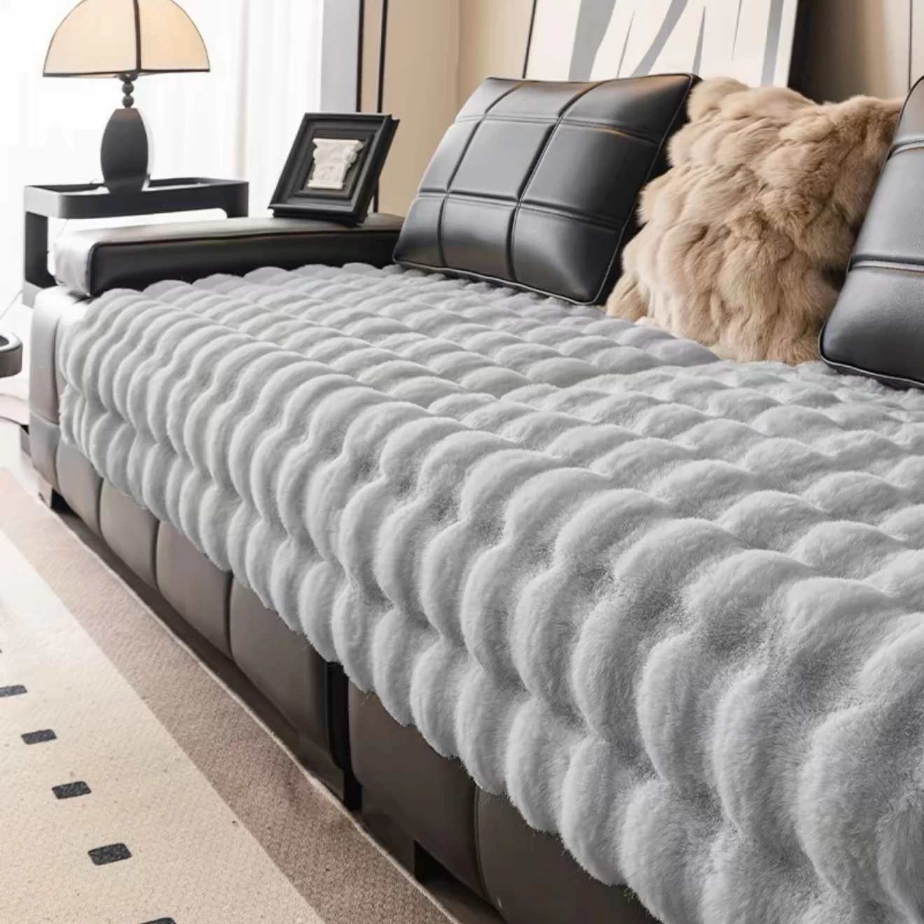 Faux Rabbit Fur Bubble Warm Plush Sofa Cover for Winter Soft Immitation Fur Sofa Towel Universal Couch Seat Slipcover Decor - view 6
