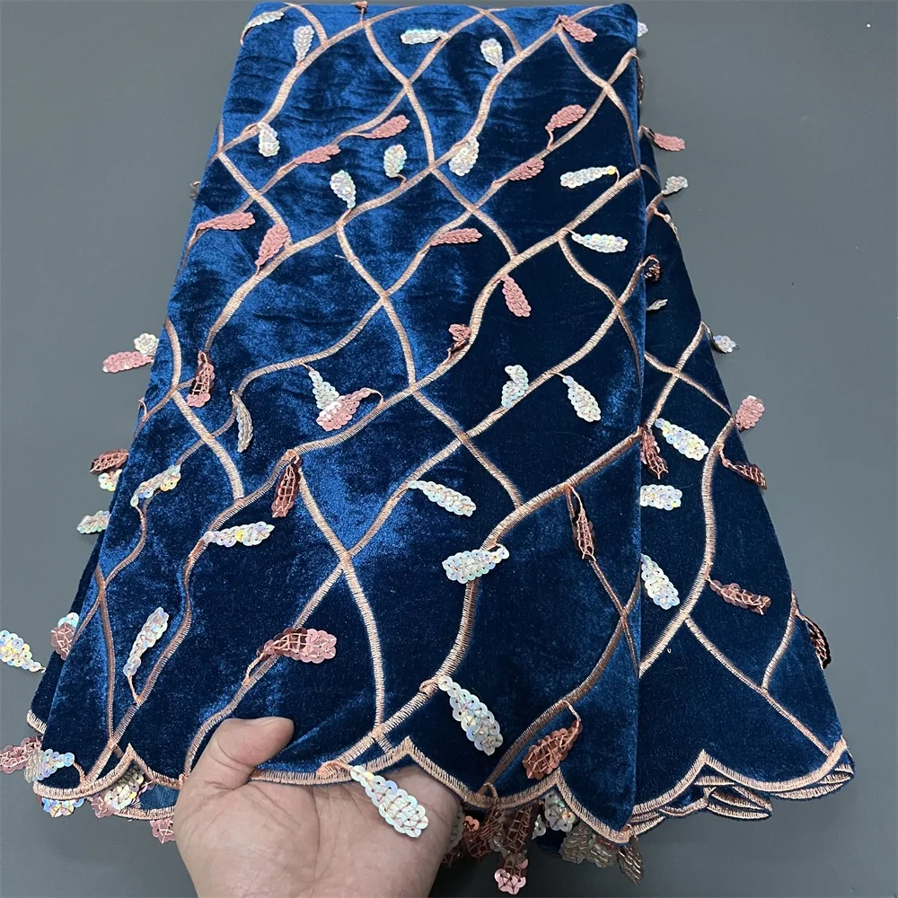 2025HighQuality African Nigerian velvet lace fabric Sequins Beads Guipure Sewing Wedding Party Dress Bridal Gown Material 5yards