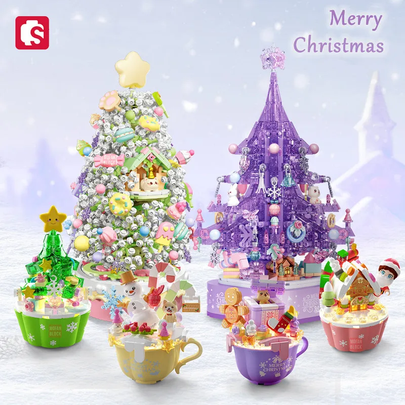 SEMBO Fantasy Christmas Tree Light Music Box Building Blocks MOC Sweet Cake Cup Model Bricks Toys Romantic Gifts for Girlfriend