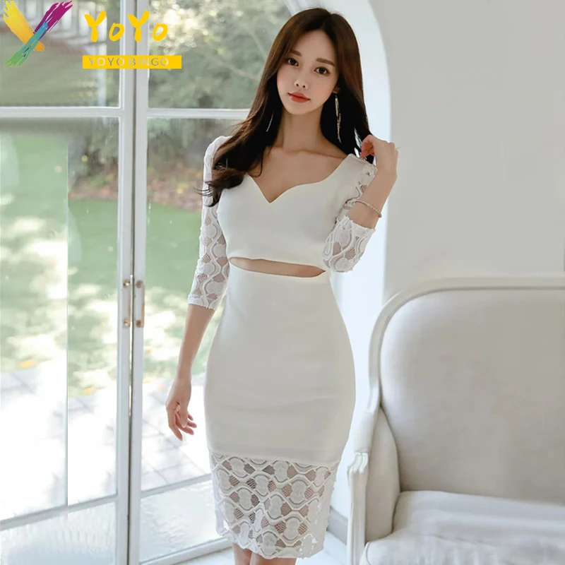 Koreanisches elegantes Party kleid weißes hohles Spitzen paneel tief v schlank bodycon sexy von der Taille schickes Kleid Frühling/Sommer