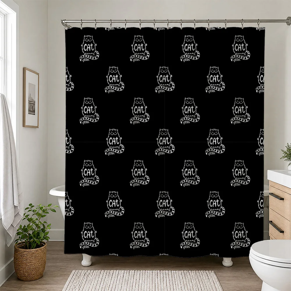 Waterproof Cute Cat Pattern Shower Curtain Liner Bathroom Stall Curtain Funny Smiling Cartoon Pet Accessories Decor Modern Water