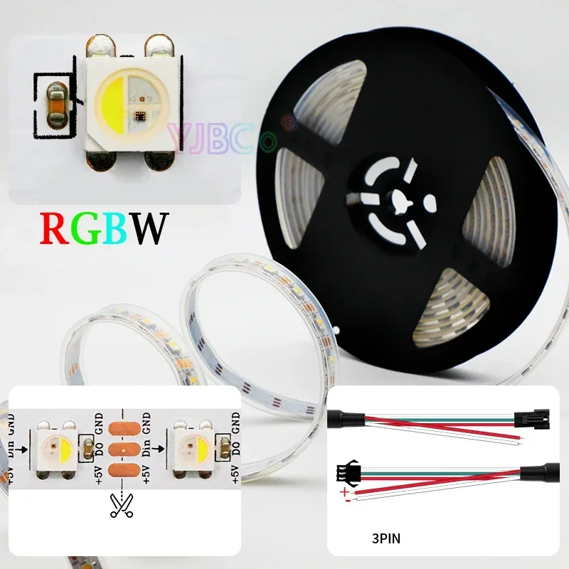 Bande lumineuse RGBW RGBWW LED adressable, bande lumineuse IC SK6812, barre de lampe flexible, 4 couleurs en 1, SMD 5050 RGB + W/WW Pixle, 5V, 30 LED, 60/144 LED, m