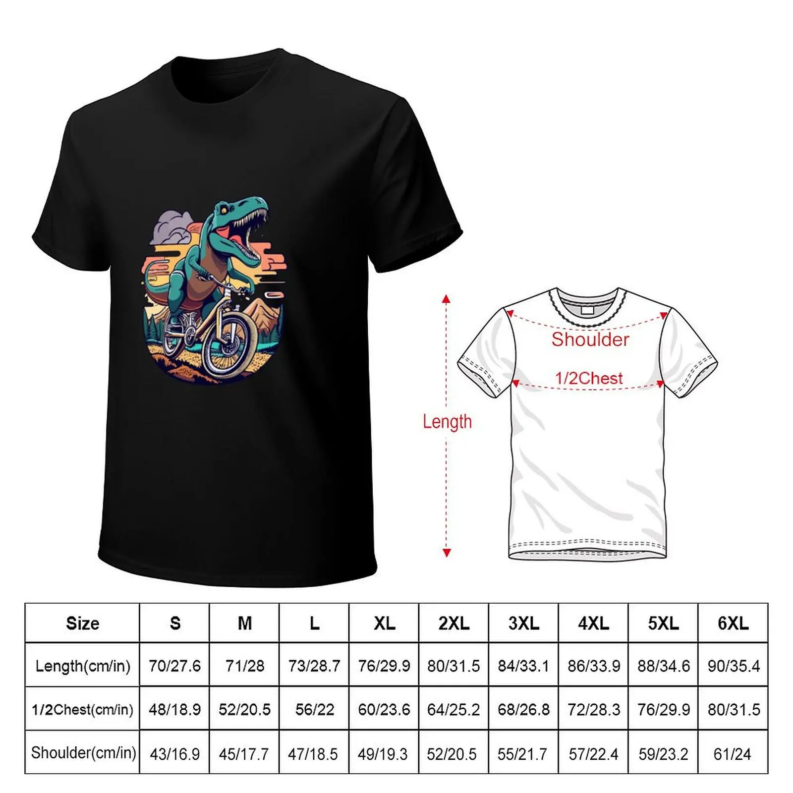 t-rex riding a Mountainbike on an downhill T-Shirt Novelty Print Casual Tee Shirt