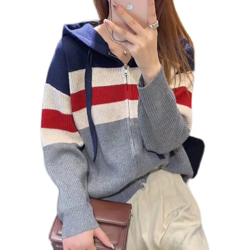 Western style striped double zipper hooded cashmere knit cardigan coat women spring and autumn loose wool hoodie