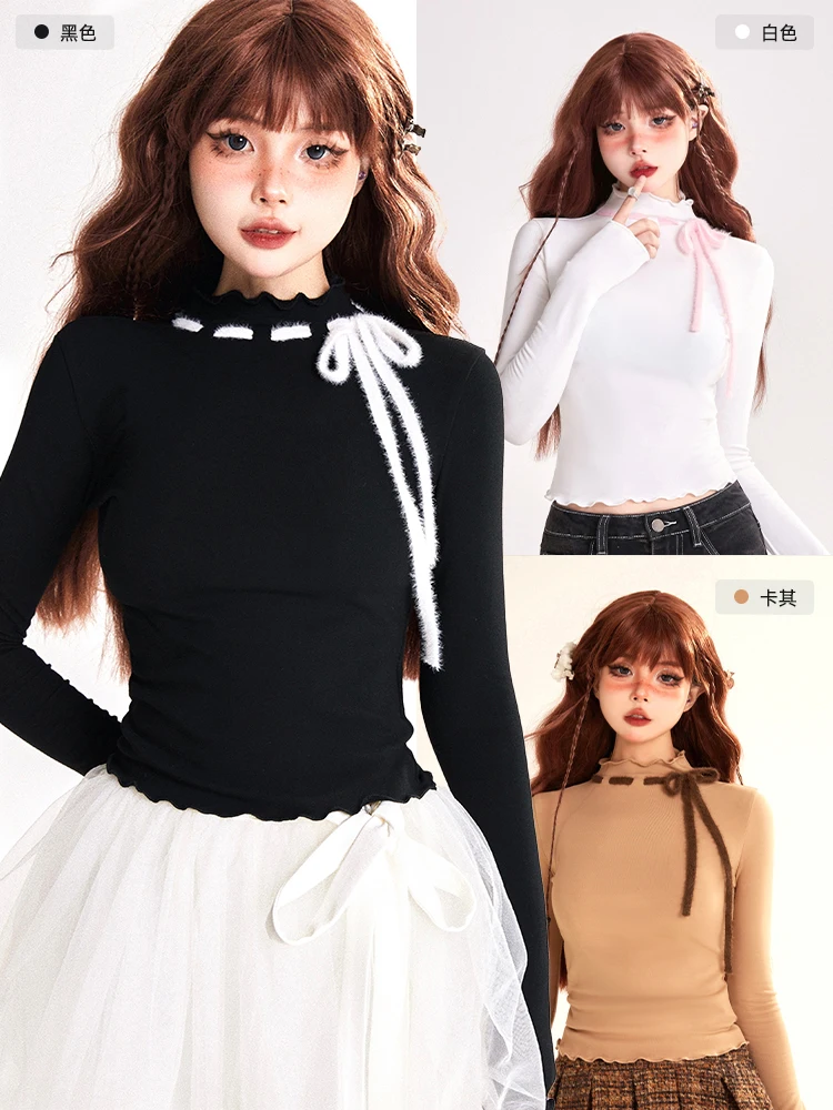 

Sweet Lolita Semi-turtleneck Bottomed Shirt Women's Autumn Subculture Y2kslim-fitting Long-sleeved T-shirt Lace-up Hottie Top