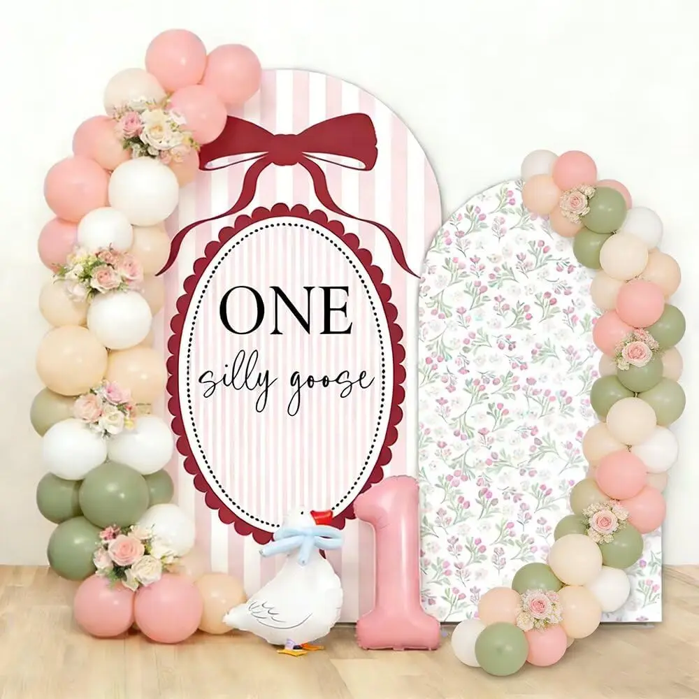 Pink Stripes One Silly Goose Arch Backdrop Cover Small Flowers Red Bow Girl 1st Birthday Background DIY Name Age Party Decor