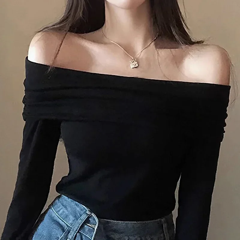 Y2k Aesthetic Women Translucence Tee Shirts Slash Neck Long Sleeve Solid Casual T-Shirts Vintage Off Shoulder Sexy Cute Tshirts