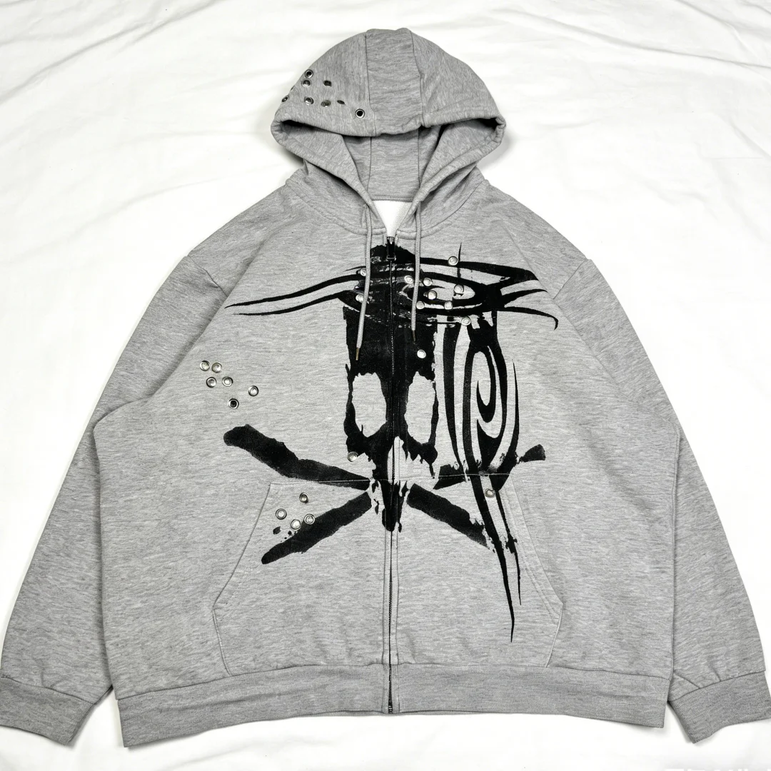 Grauer Totenkopf-Print Hoodie für Damen 2026 mit Nieten-Ösen & Reißverschluss-Detail Übergroße Drop-Shoulder Y2K Ästhetik Streetwear