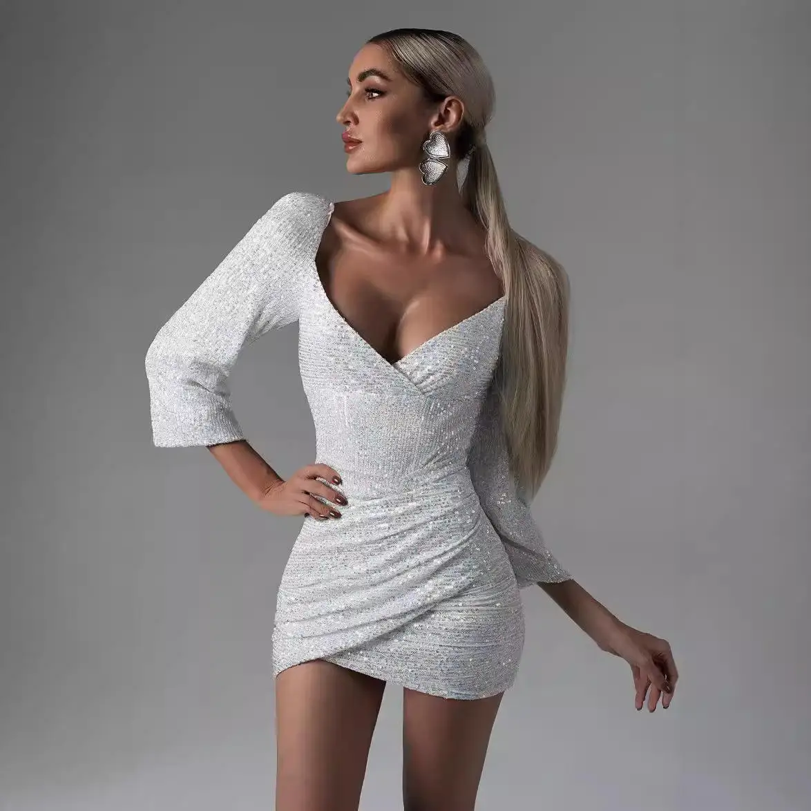 Sexy V-Ne Bodycon Dr avec ourlet asymétrique et paillettes pour femmes collection automne pièce unique col haut longue Sl...