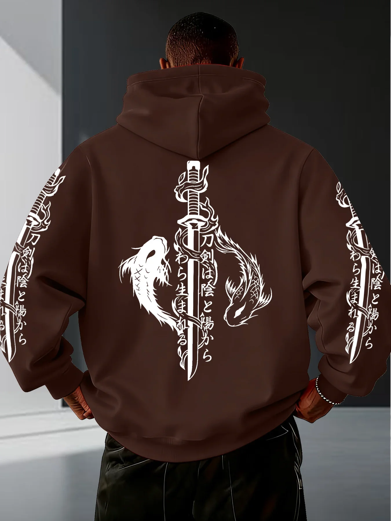 Mens Yin Yang Koi Fish Samurai Katana Hoodie Japanese Kanji Line Art Graphic Unisex Oversized Streetwear Autumn Winter