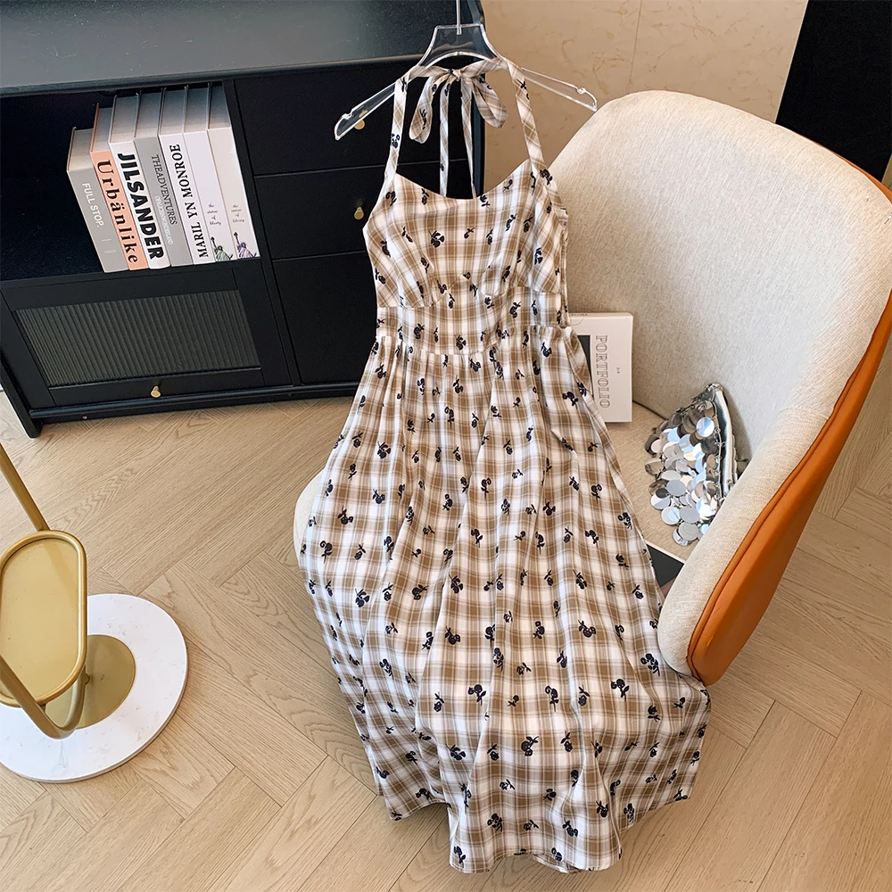 

Summer Plus Size Women's Checkered Hanging Neck Halter Dress Elastic Waist Loose Casual Seaside Holiday Beach Style Dresses