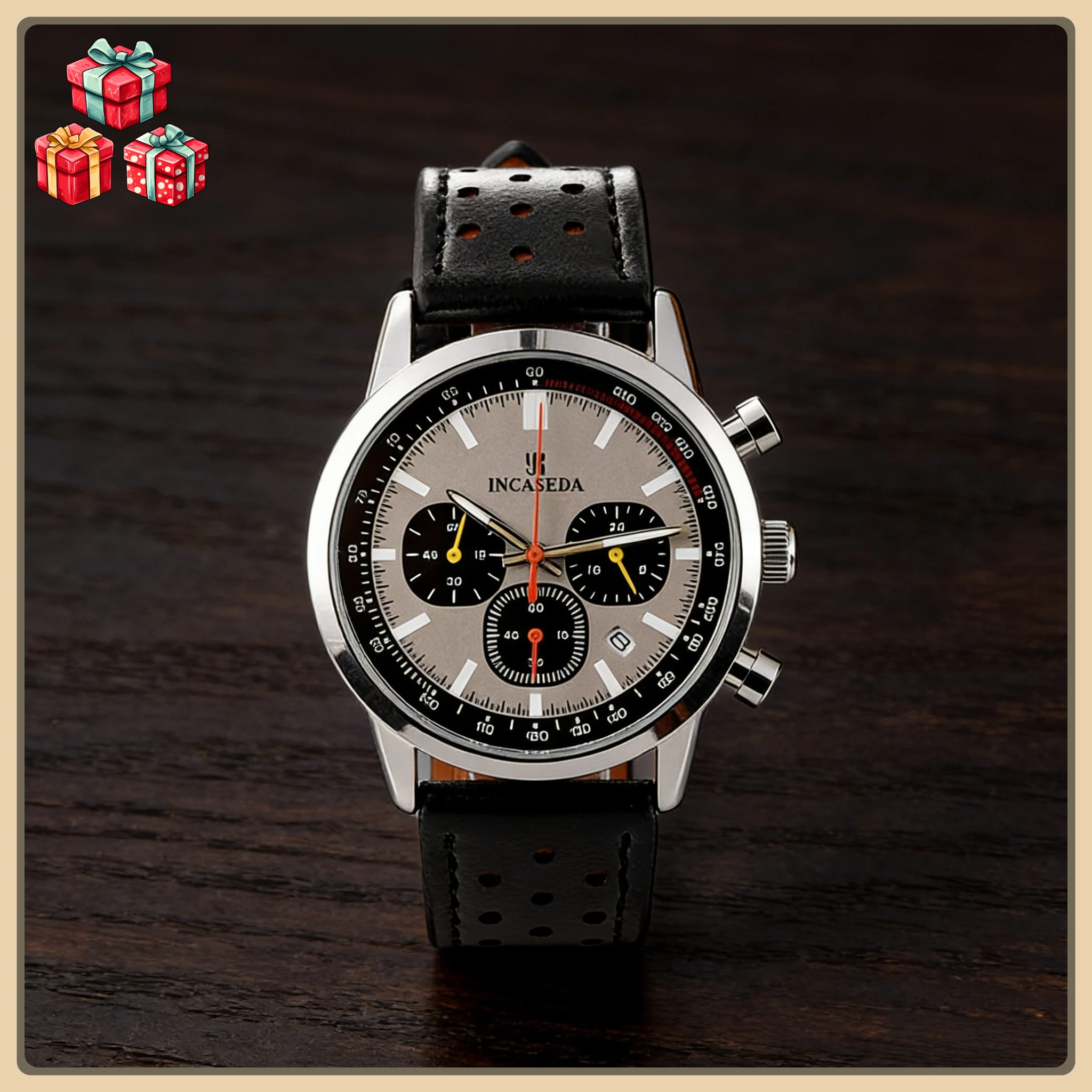 

INCASEDA Men Blue Dial Chronograph Leather Watch Multifunctional Quartz Sports Dress Wristwatch