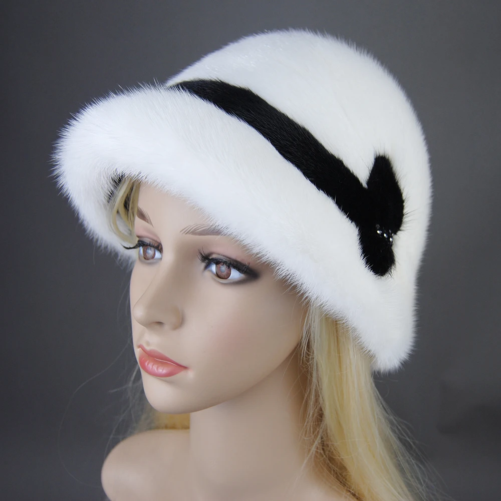 Winter Autumn Russian Girl Women'S Hats Warm Casual Beautiful Luxurious Soft Elegant Berets Cap Real Mink Fur Bucket Barrel Hat