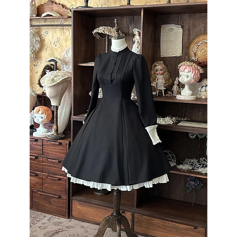 

Винтажное черное платье миди женское японское Лолита лоскутное бандажное платье Y2K Harajuku готическая подставка с длинным рукавом облегающее платье Vestidos