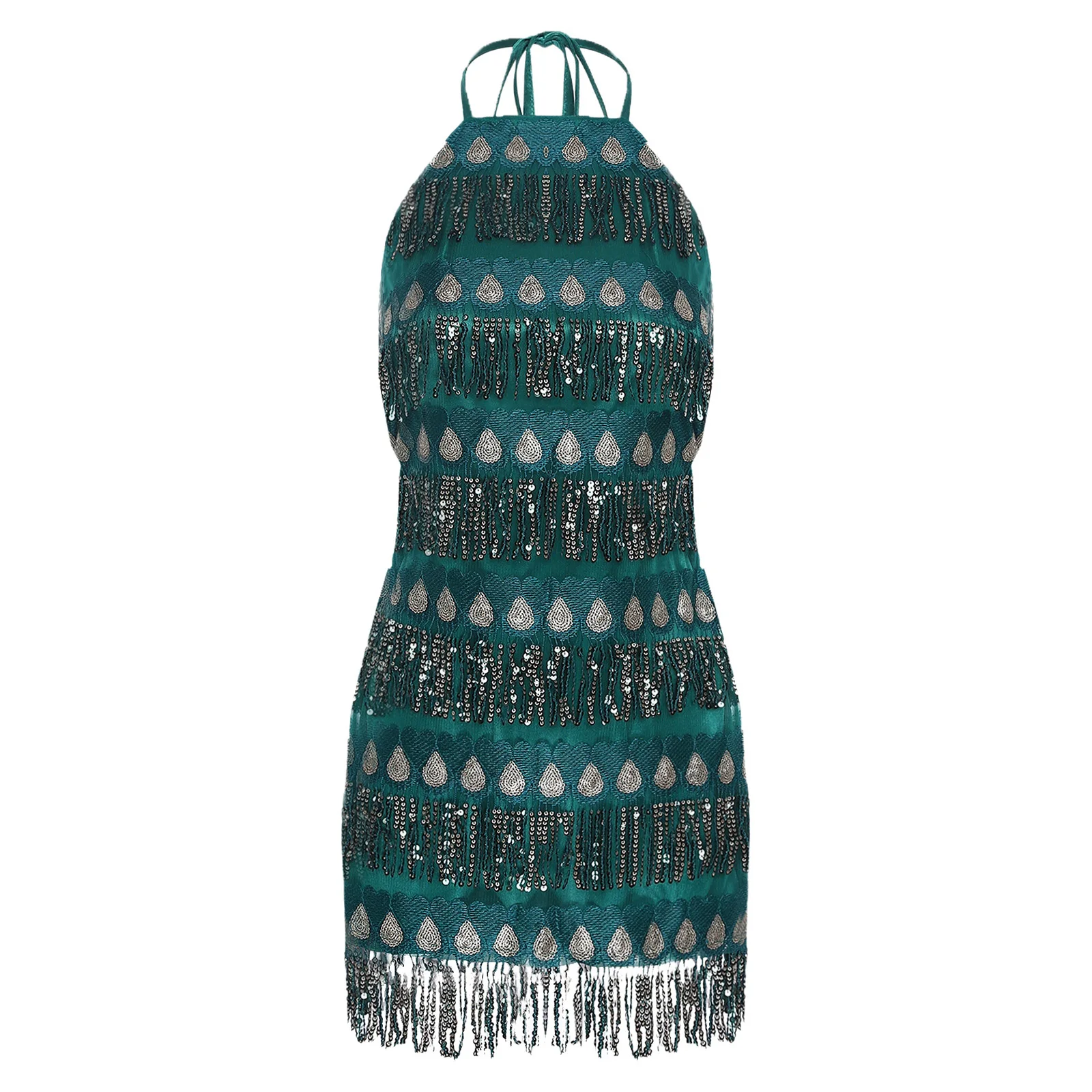 

Womens Glittery Sequin Bodycon Mini Dress Embroidery Tiered Tassel Halter Backless Fringed Dress for Club Party Banquet