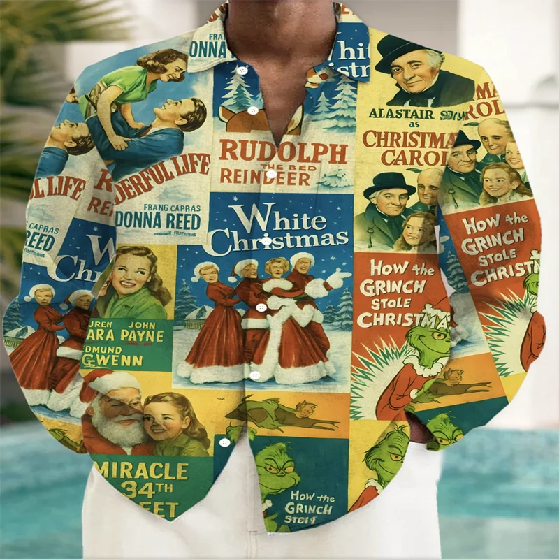 

2026 Christmas movie print men's button pocket long sleeved shirt big and high