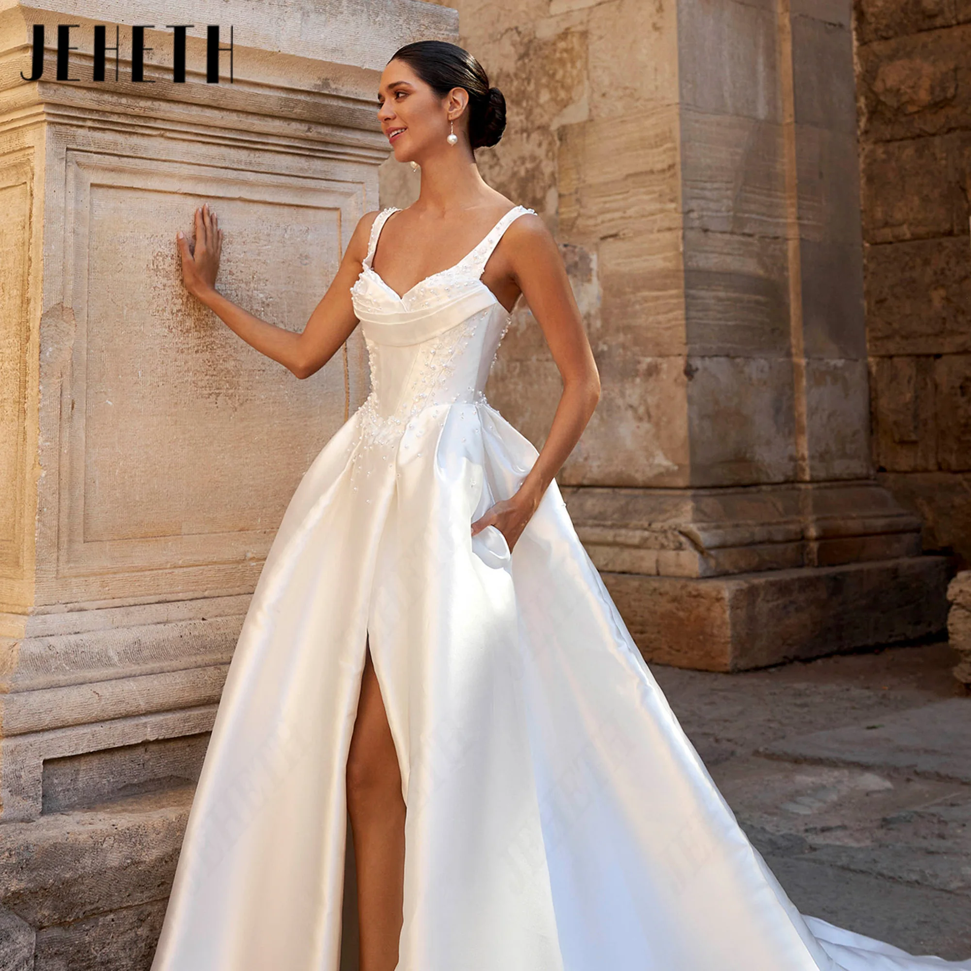 JEHETH Sweetheart High Side Slit Wedding Dress Satin Spaghetti Strap Bridal Dresses Customized A Line Bride Gowns Backless