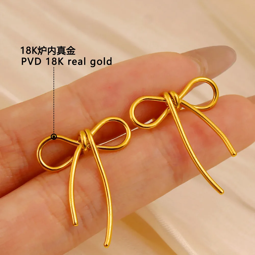 DIY accessories ins style niche creative design earrings high sense fashion versatile stainless steel plated 18K gold bow stud e