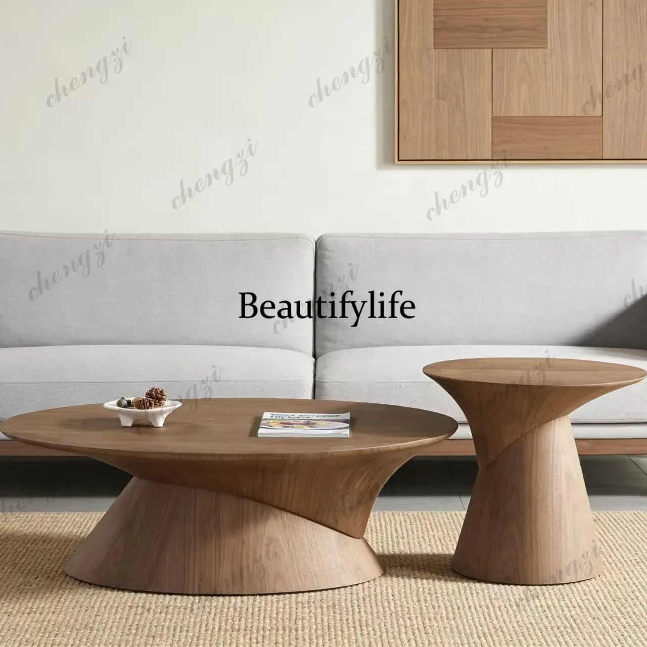 Nordic light luxury medium and ancient style round solid wood coffee table creative size round combination living room home