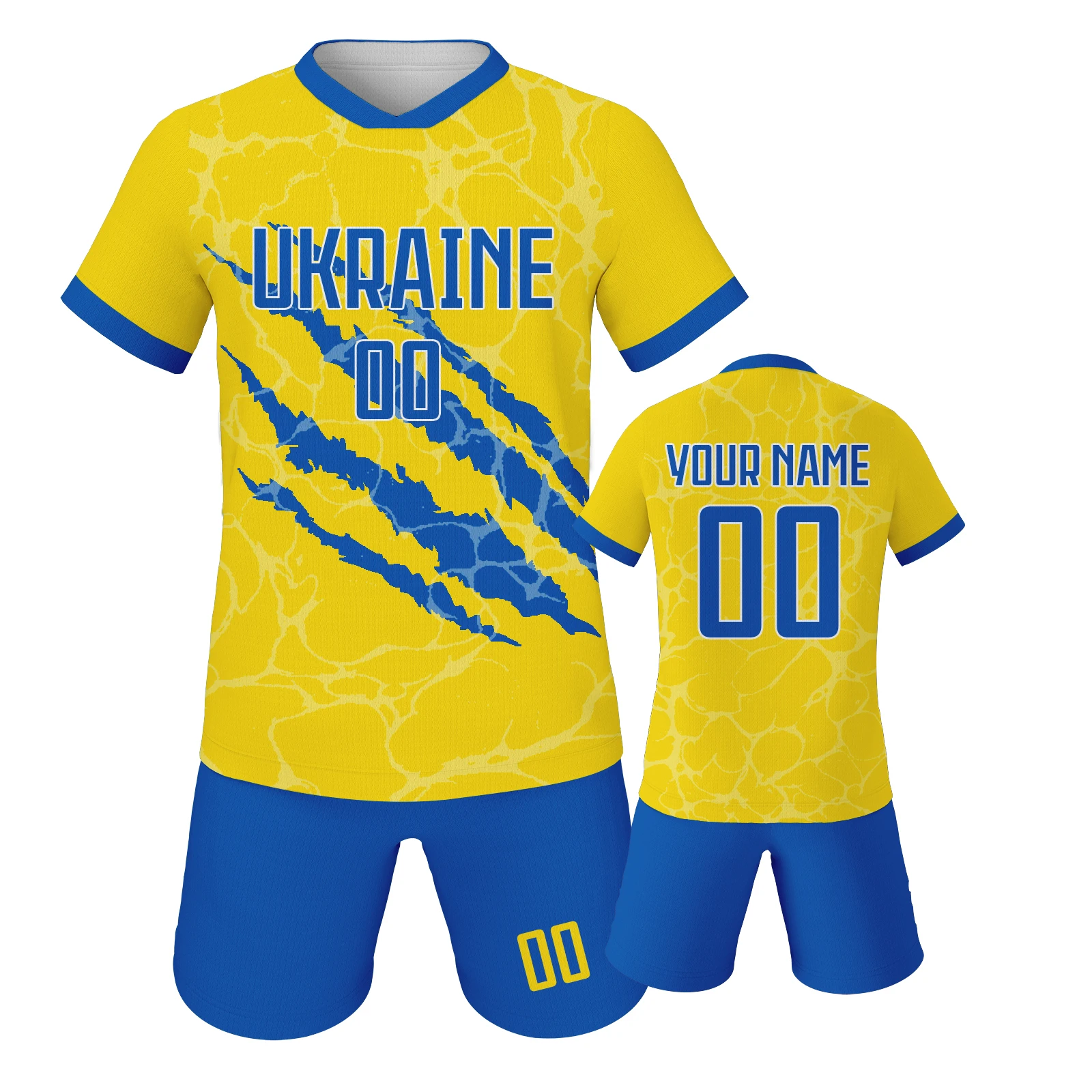 Custom Ukraine Kids Soccer Jersey Set Personalized Name Number Team Football Training Shirts Shorts Outfit for Boys Girls