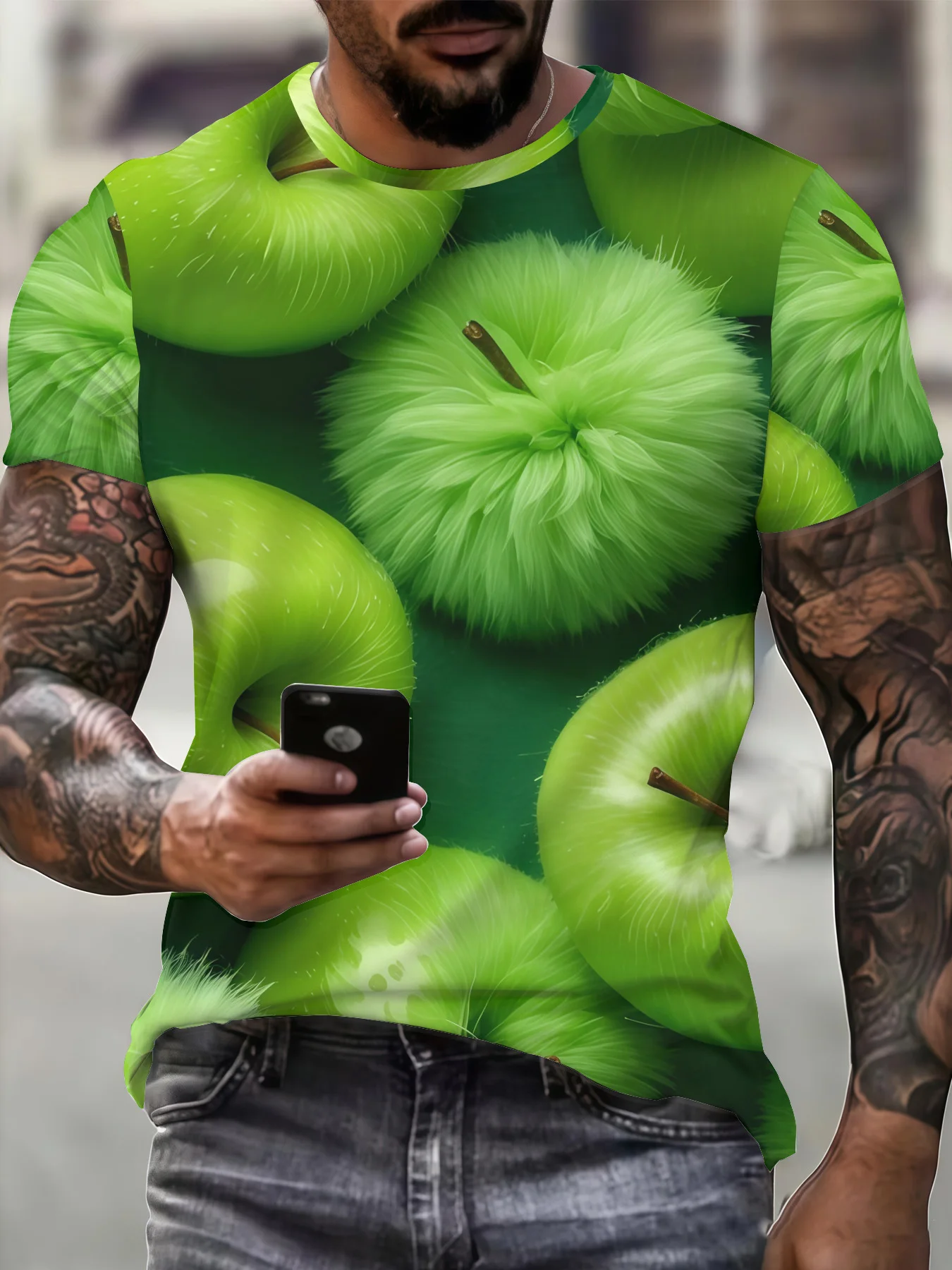 Men's 3D Fluffy Furry Green Apple Fruit Print T-Shirt Crew Neck Short Sleeve Fresh Green Casual Summer Daily Tee Top