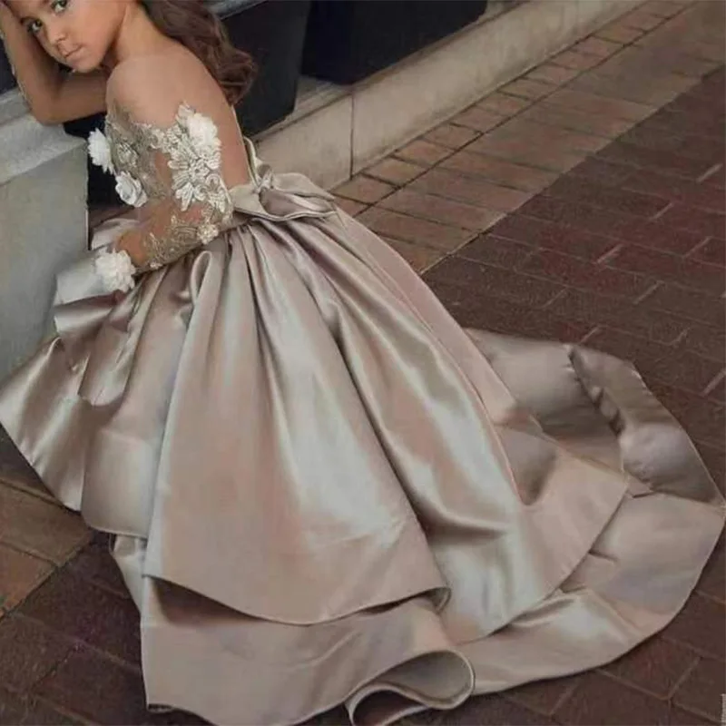 Popular Custom Handmade Wedding Birthday Applique Long Tail Satin Grey Princess Children Gowns Flower Girl Dresses