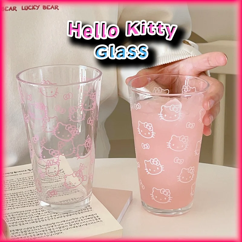 

Стеклянная чашка Sanrio Anime Hello Kitty с принтом 450 мл — креативный стеклянный стакан Kawaii большой емкости для сока/воды, дома и офиса