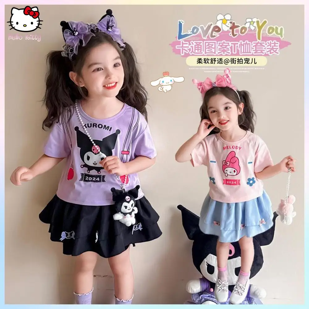 

2Pcs Kawaii New Kuromi My Melody Children's T-Shirt Dress Set Sanrios Anime Summer Cartoon Fashion Girls Short Sleeve Cake Skirt