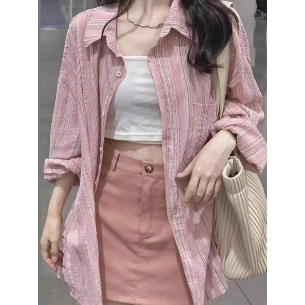 

Sun Protection Pink Striped Blouse Elegant Oversize Turn-down Collar Blusas Tops Long Sleeve Figure Flattering Women Shirt