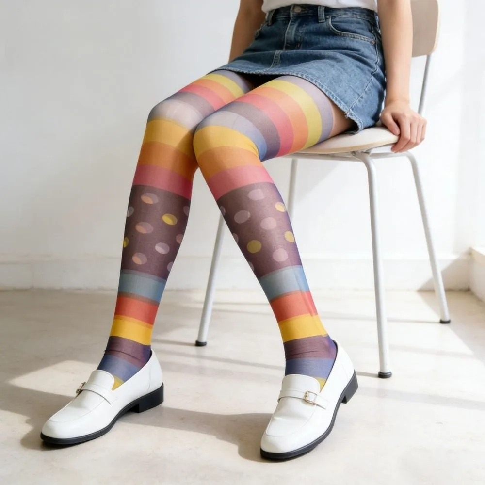 Sweet Seamless Rainbow Pantyhose Breathable Slimming Colorful Stripes Stockings Leggings Thin Gradient Color Tights Cosplay