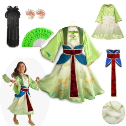 Mulan Cosplay Costume Girl Chinese-style Long-sleeved Hanfu with Hair Accessories Necklace Halloween Girl Hero Costume