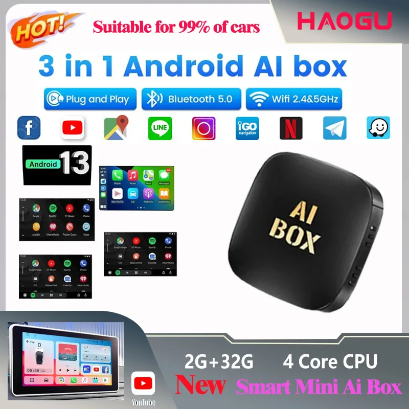 Car Ai Box Wireless Android Auto CarPlay Smart Tv Box Support Youtube Netflix Play Store Car Intelligent Systems New Android 13