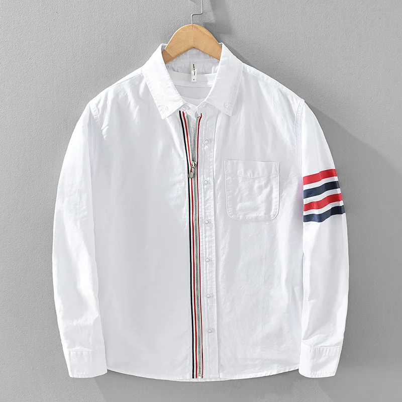 

Loose Fit Men's Pure Cotton irt Jaet American Sle Striped Casual Spring Faion Retro Look Large Size Hong Kong Sle