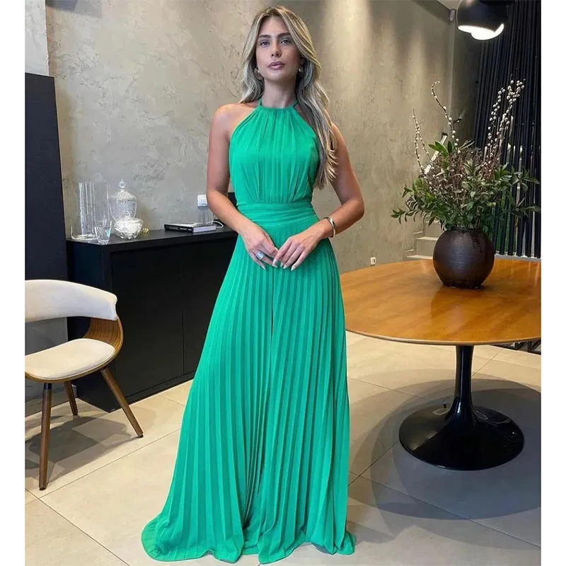 Vintage Long Halter Chiffon Prom Dresses A-Line Ruched Green Floor Length Formal Party Evening Dress Robes de Soiree for Women