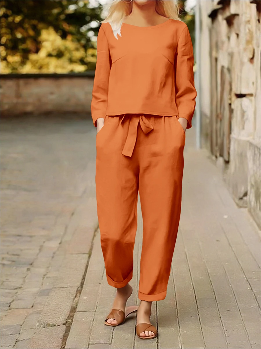 Plus Size Women Casual Two Piece Set Solid Color Long Sleeve Loose Top And High Waist Lace Up Pants Elegant Autumn Outfits