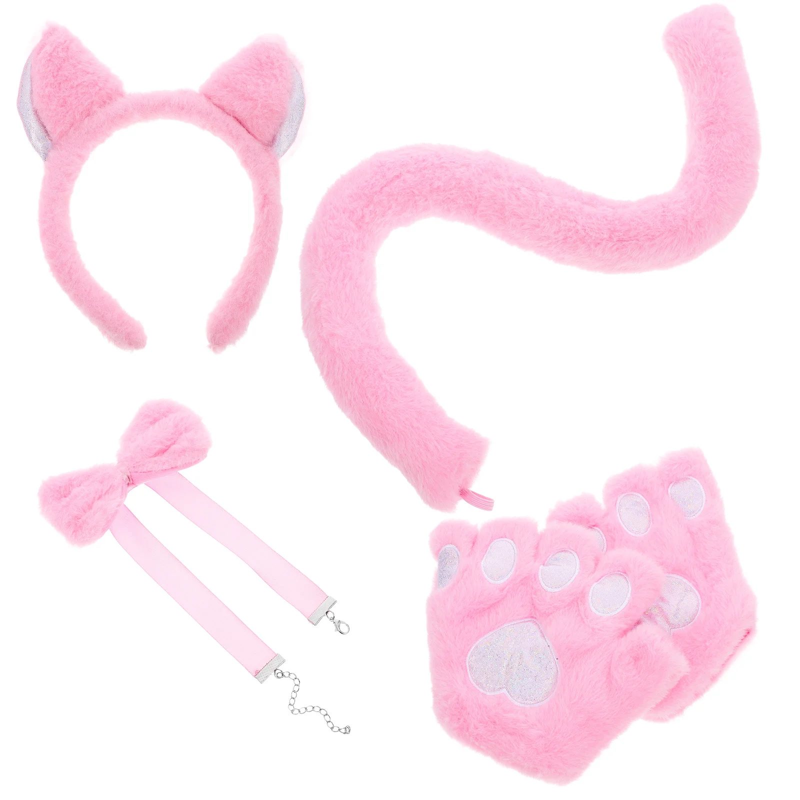 1세트 고양이 귀 머리띠 동물 의상 액세서리 부드러운 천 꼬리 나비넥타이 장갑 파티 코스프레 소품 키트 어린이 소녀 코스프레용