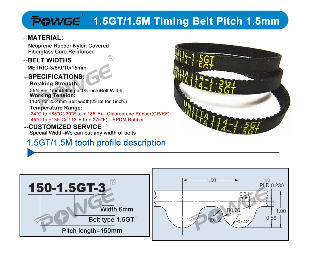 POWGE GT 1.5GT Timing belt Lp=51-1836mm 66 114 124 141 174 189 249 252 360 390 405 498 660 669 744 780 894 1422 1572 1824 1836