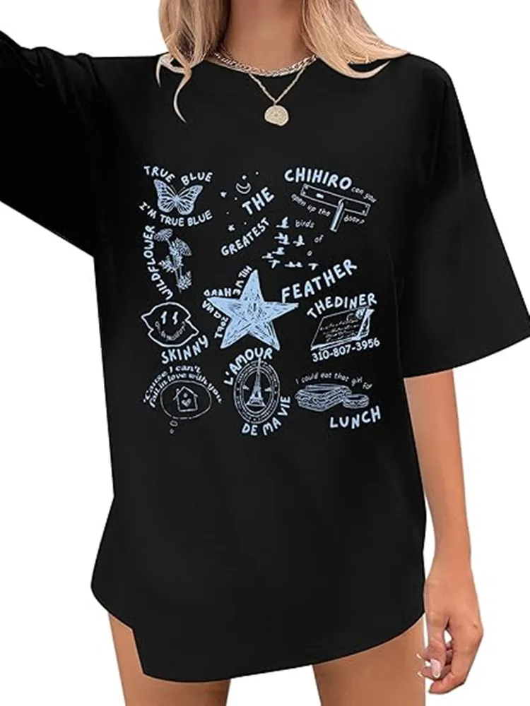 

Vintage Grunge Music Pattern Printing Women Y2K Summer Round Neck Loose T-shirt E-girls Streetwear