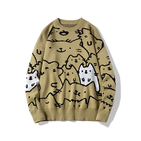 Autumn Cotton Anime Sweaters Men Retro Harajuku Vintage Oversized Sweaters Loose Cute Cartoon Cat Pullovers Homme Men Clothing