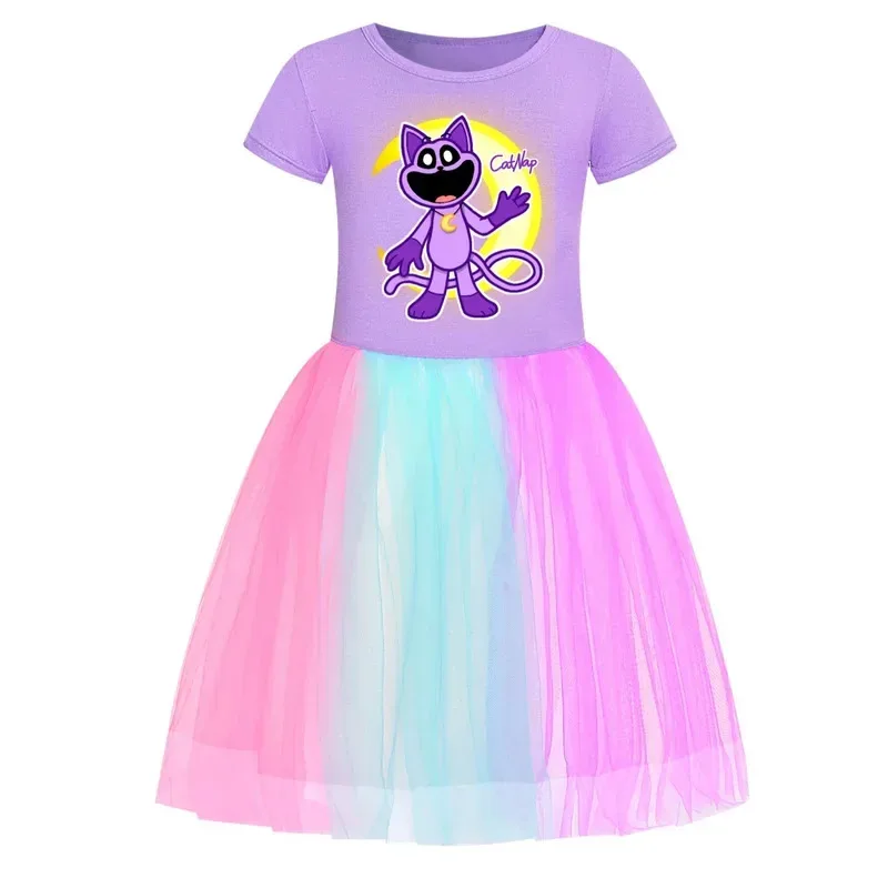 أنيمي تأثيري يبتسم المخلوقات القط قيلولة الأطفال قوس قزح فستان الدانتيل الصيف القطن طفلة ملابس فستان الأميرة للفتيات El #4