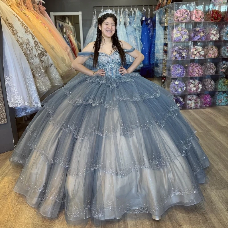 

Sparkly Navy Blue Quinceanera Dresses Formal Luxury Party Beading Crystal Tull Tiered Sweet 15 Dress Graduation Ball Gwon Prom