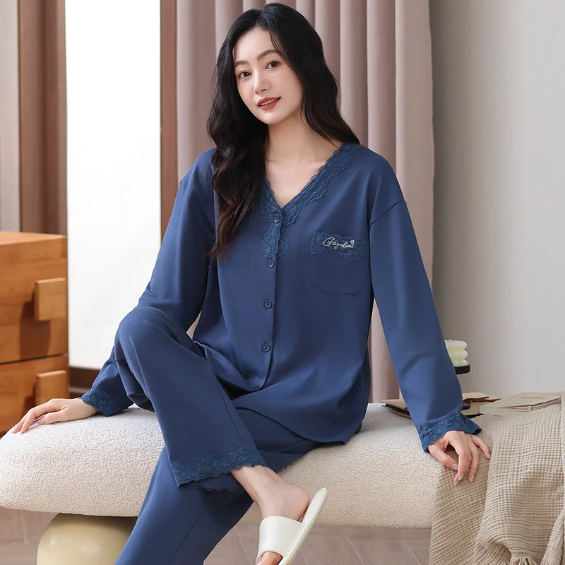 

Women Lace V Collar Pajamas Full Pure Cotton Pajama Sets Sleepwear Long Sleeve Tops + Long Pants Home Clothing Pyjamas Female