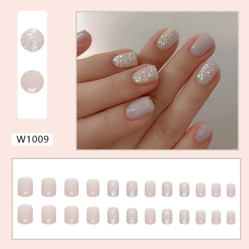 French False Nails Fashion Pink White Shining Nail Tips Short Round Detachable Fake Nails for DIY